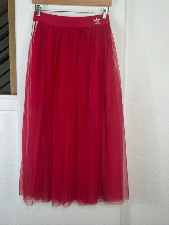 adidas Red Tulle Maxi Skirt with White Sport Stripes - Picture 3 of 9